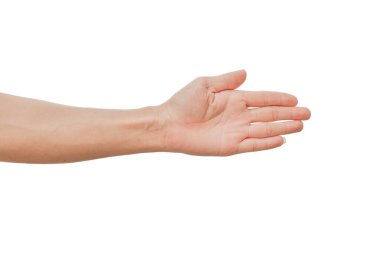 Sol avuç içi erkek eli beyaz arka planda izole edilmiş. kırpma yolu ile.