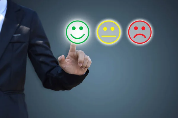 Businessman Pressing Smiley Face Icon Virtual Screen Concept Satisfaction Evaluation — Stock Photo, Image