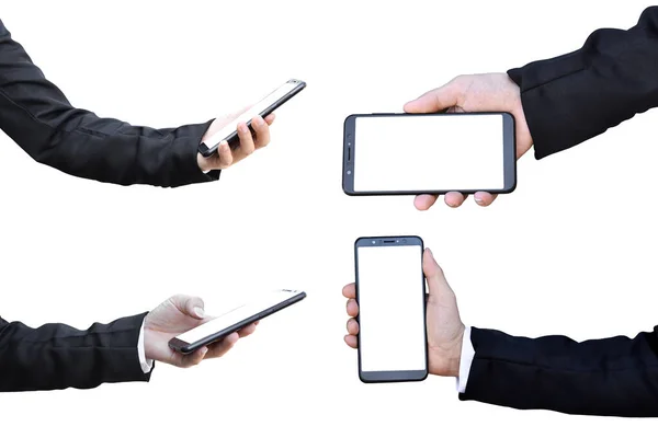 Collection Hand Businessman Holding Blank Screen Smartphone Isolated White Background — Stock Photo, Image