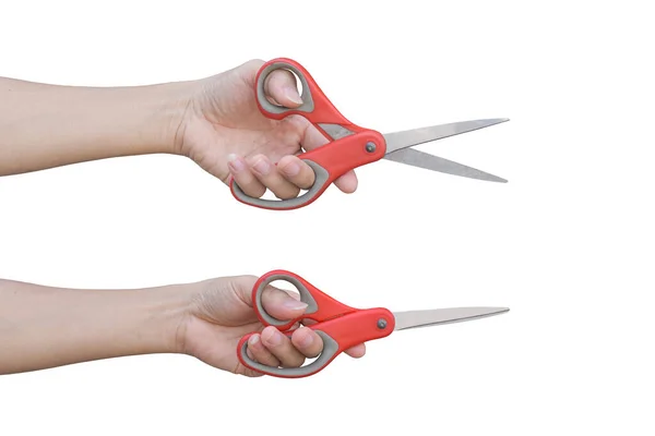 Дві Руки Тримають Червоні Ножиці Ізольовані Білому Тлі Відсічним Контуром — стокове фото