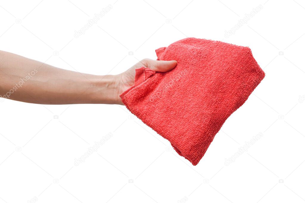 Male hand holding red cloth isolated on white background with clipping path.