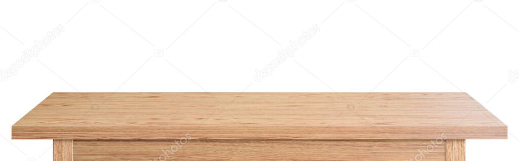 Empty wooden tabletop isolated on white background. rustic desk wood for placement or montage product display.