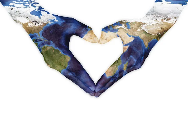 Earth Day Concept Hand Shape Heart Pattern World Map White — Stock Photo, Image