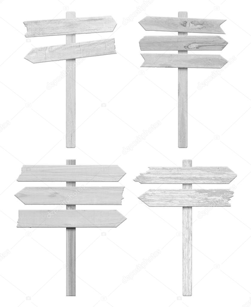 4 white wood arrow sign isolated on white background. Object with clipping path.