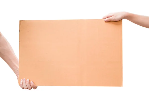 Dvě Ruce Drží Prázdný Hnědý Papír Izolované Bílém Pozadí Výstřižkem — Stock fotografie