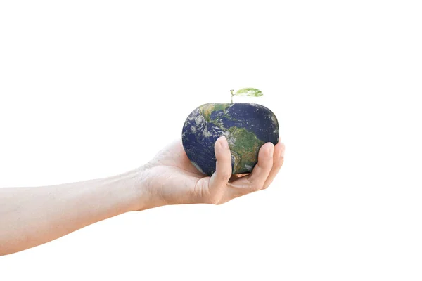 Environment Concept Hand Holding Earth Globe Shape Apple Fruit Isolated — Stock Photo, Image