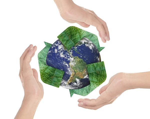 Руки Окружающие Землю Логотип Утилизации Изолированы Белом Элемент Изображения Предоставленного — стоковое фото