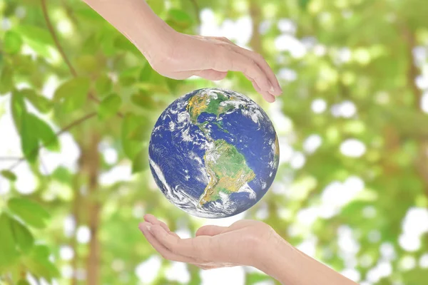 Salvar Conceito Terra Mãos Com Terra Sobre Fundo Verde Natureza — Fotografia de Stock