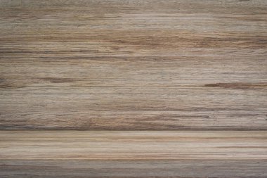 Ahşap masa perspektifli stüdyo. İş sunumu, reklam, afiş, model için boş tezgah arkaplanı.