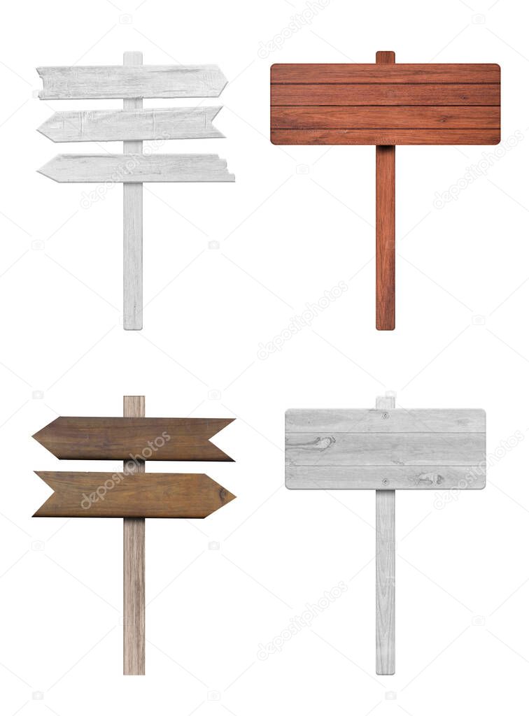 4 various wooden sign isolated on white background. Object with clipping path.