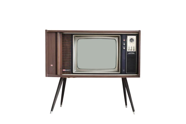 Velha Vintage Isolado Fundo Branco Televisão Clássica Com Caixa Madeira — Fotografia de Stock