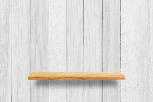 Empty Wood Shelf White Wooden Wall Texture Background — Stock Photo, Image