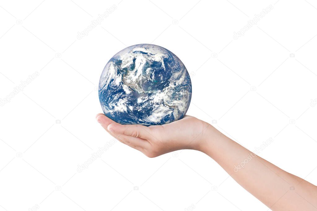 Environment day concept, Globe in hand isolated on white. Elements of this image furnished by NASA