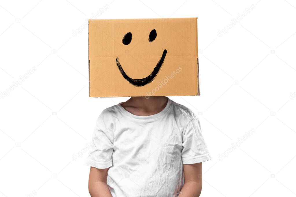 Little girl wearing cardboard box on his head with smiley face, Isolated on white background.