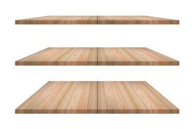 İzole edilmiş beyaz arka planda kahverengi ahşap raflar. Tasarım ve dekorasyon için kırpma yolu olan nesneler