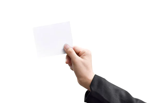 Man Hand Holding Business Card White Paper Card Isolated White — Stock Photo, Image