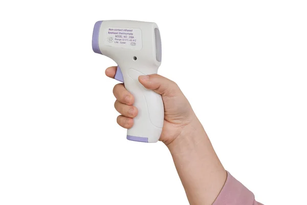 Hand Hält Digitales Infrarot Thermometer Thermometerpistole Isoliert Auf Weißem Hintergrund — Stockfoto
