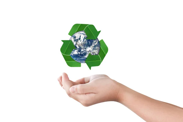 生态友好的概念 球体和回收图标 双手隔离在白色上 这个图像的元素由N — 图库照片
