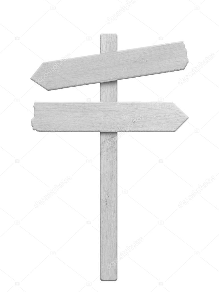 White wood arrow signpost isolated on white background. Object with clipping path.