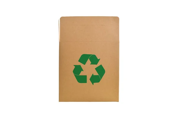 Símbolo Reciclaje Verde Sobre Cartón Papel Aislado Sobre Fondo Blanco — Foto de Stock