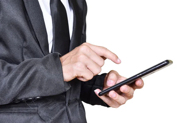 Zamknij Businessman Pomocą Telefonu Komórkowego Izolowane Białym Tle Ścieżką Wycinania — Zdjęcie stockowe