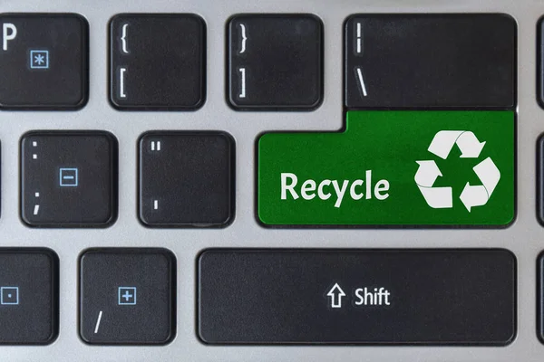Ahorro Concepto Medio Ambiente Logo Icono Reciclaje Símbolo Teclado Portátil — Foto de Stock