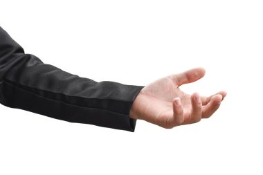 Takım elbiseli işadamı el hareketi kesme yolu ile beyaz arka planda izole.