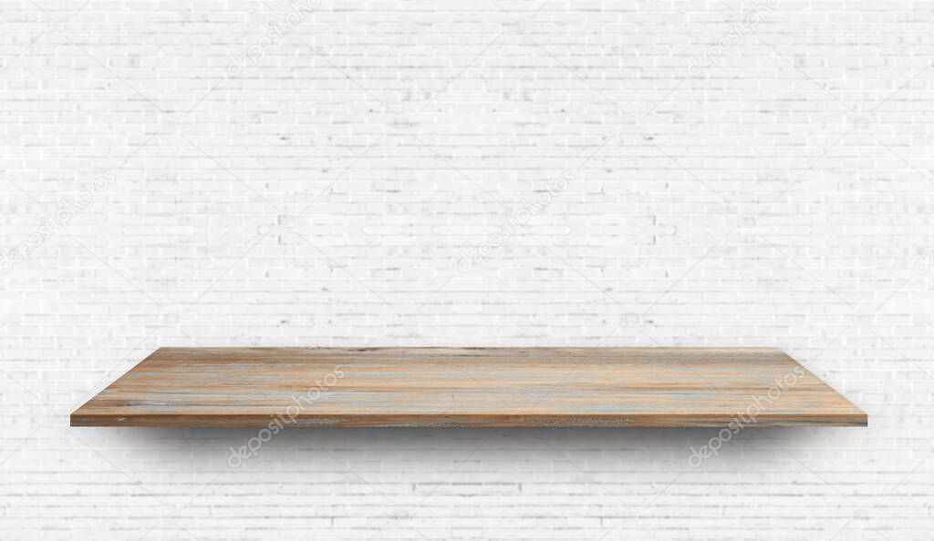 Empty wood plank shelf at white brick wall pattern background. Design for product display, mockup, advertise, banner, or montage