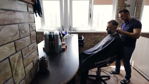 Cabeleireiro Corta Cabelo Cliente Barbearia — Vídeo de Stock