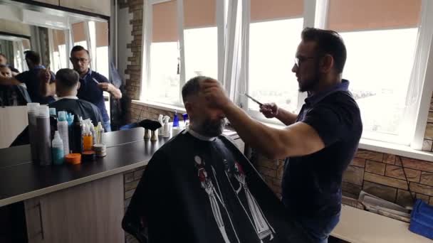 Cabeleireiro Corta Cabelo Cliente Barbearia — Vídeo de Stock