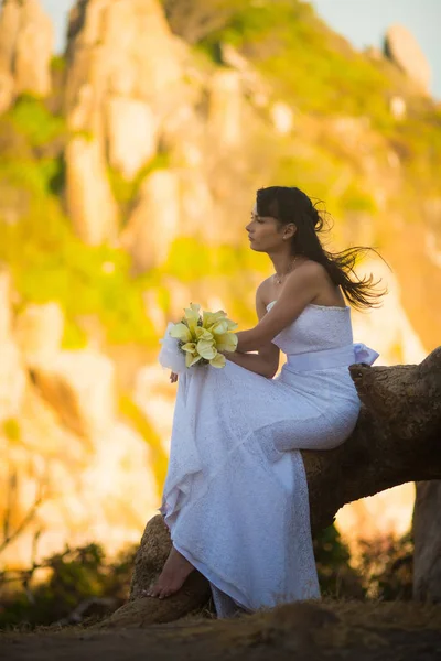 Noiva Vestido Noiva Sentado Uma Árvore Contra Montanhas Pôr Sol — Fotografia de Stock
