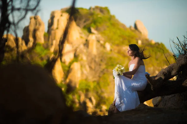 Noiva Vestido Noiva Senta Contra Uma Bela Paisagem Pôr Sol — Fotografia de Stock
