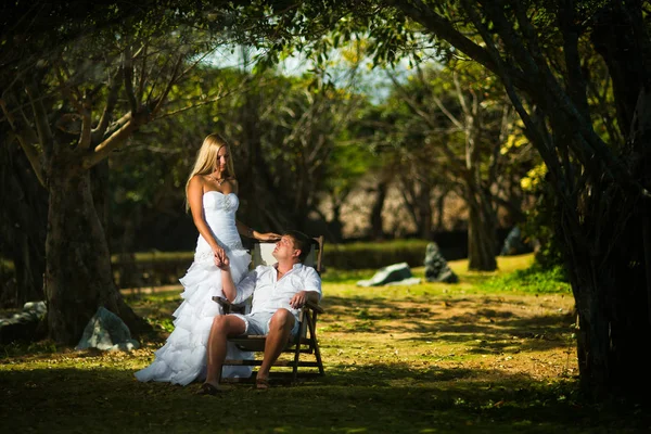 新郎坐在热带树中间一张椅子上的草坪上 新娘站在他旁边 — 图库照片