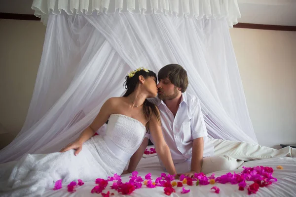 Noivo Beijando Noiva Sentado Cama Branca Pétalas Rosa Hotel — Fotografia de Stock