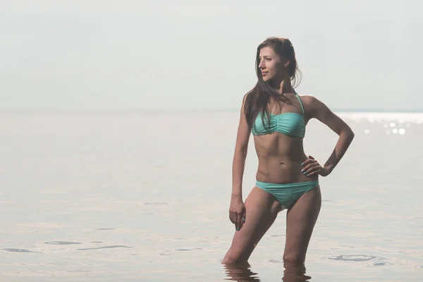 Slender Beautiful Girl Swimsuit Posing Beach Sea — Stock Photo, Image