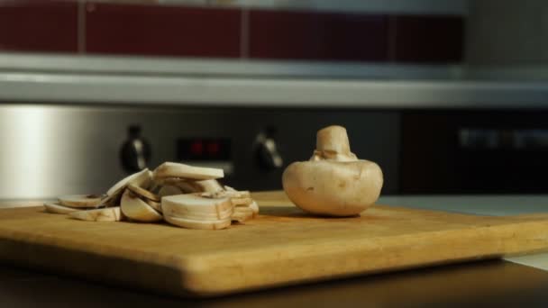 Caucasian Male Chef Hands Cutting Fresh Mushrooms Wooden Board — Stock Video