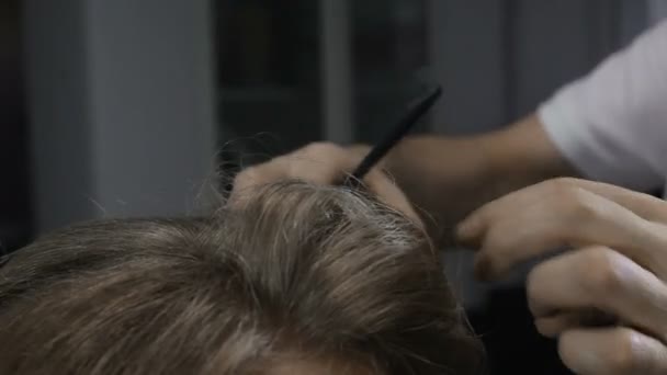 Парикмахер делает прическу девушке в парикмахерской, кладет лак — стоковое видео