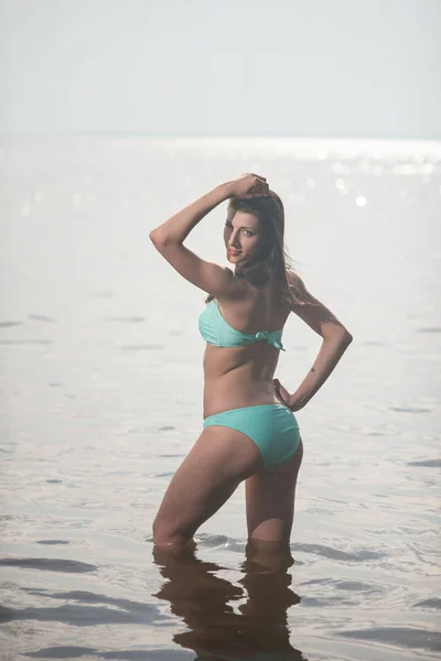 Slender Beautiful Girl Swimsuit Posing Beach Sea — Stock Photo, Image