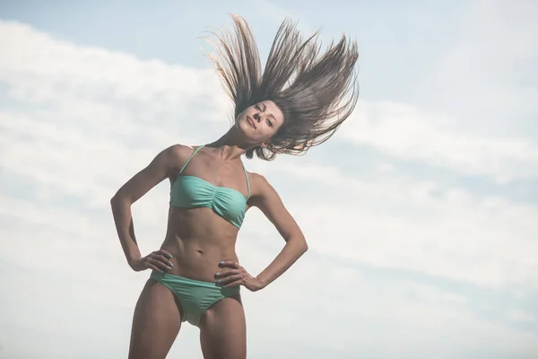 Sexy Girl Swimsuit Posing Hair Fluttering Wind Background Sea — Stock Photo, Image
