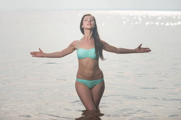 Charming Girl Swimsuit Background Beautiful Sea Landscape Hot Summer Day — Stock Photo, Image