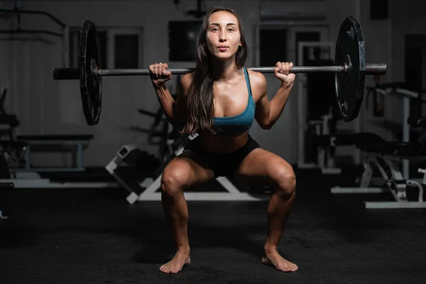 Handsome Weightlifter Lifting Barbells Squats Female Training Barbell Pumping Legs — Stock Photo, Image