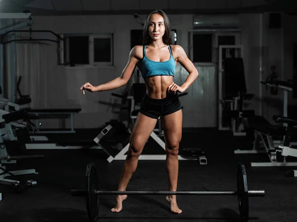 Chica Fitness Haciendo Ejercicio Con Barra Pesas Gimnasio Mujer Posando — Foto de Stock