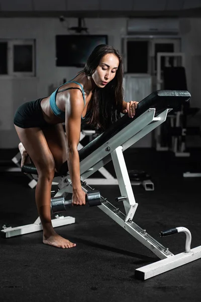 Woman Trains Gym Athletic Woman Trains Dumbbells Pumping Her Biceps — Stock Photo, Image