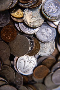 Bir sürü eski Rus paraları, üstten görünüm. Para yakın çekim