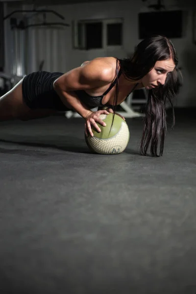 Fitness Girl Does Push Ups Ball Workout Lifestyle Concept — Stock Photo, Image