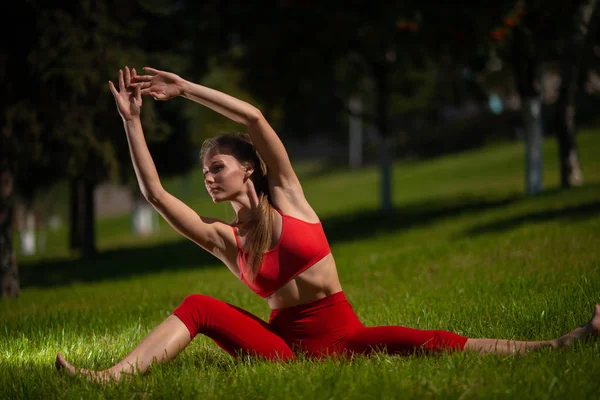 Jovem Mulher Atraente Praticando Ioga Livre Menina Realiza Vários Exercícios — Fotografia de Stock