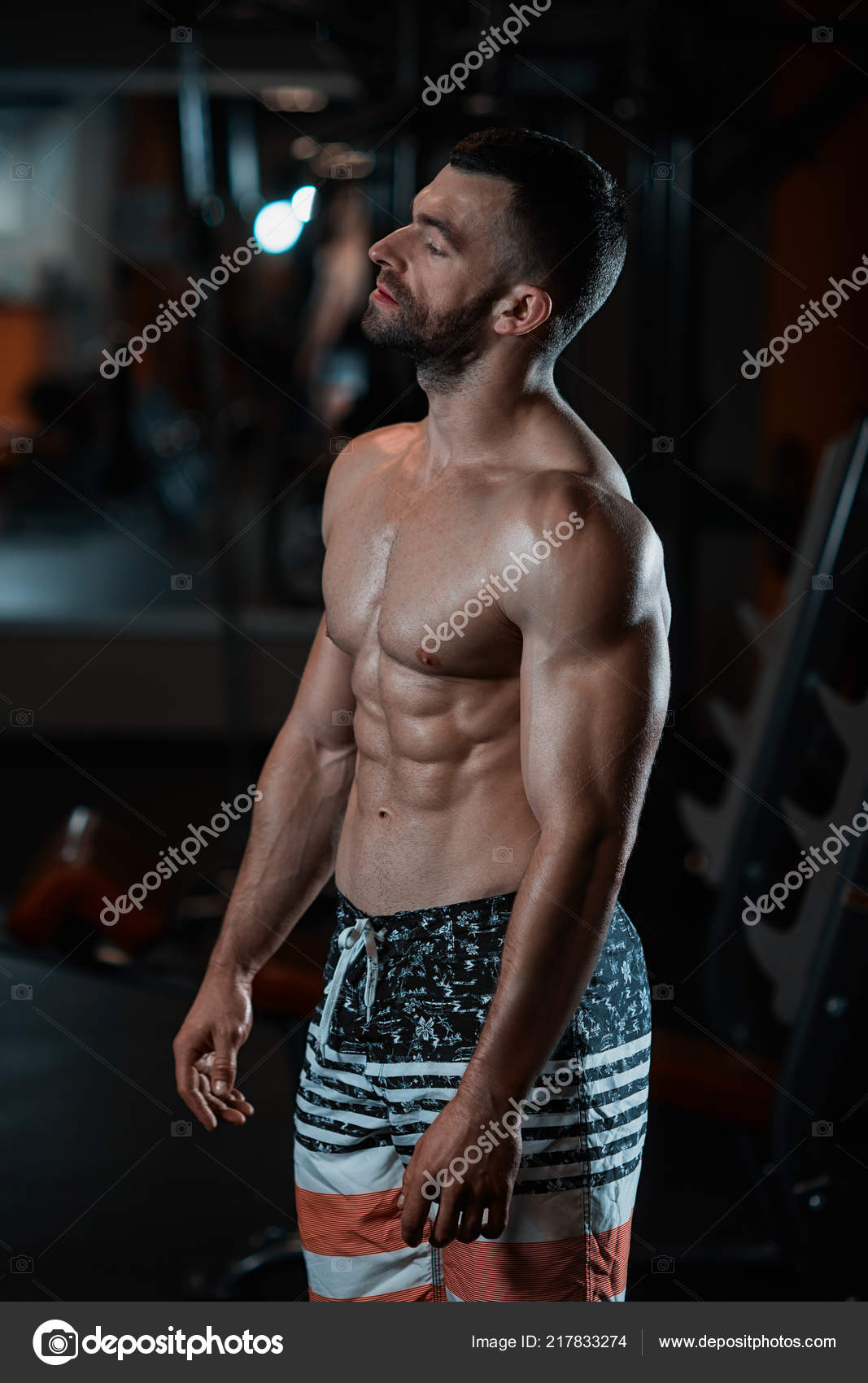 Brutal Athletic Man Muscular Body Poses Gym Showing His