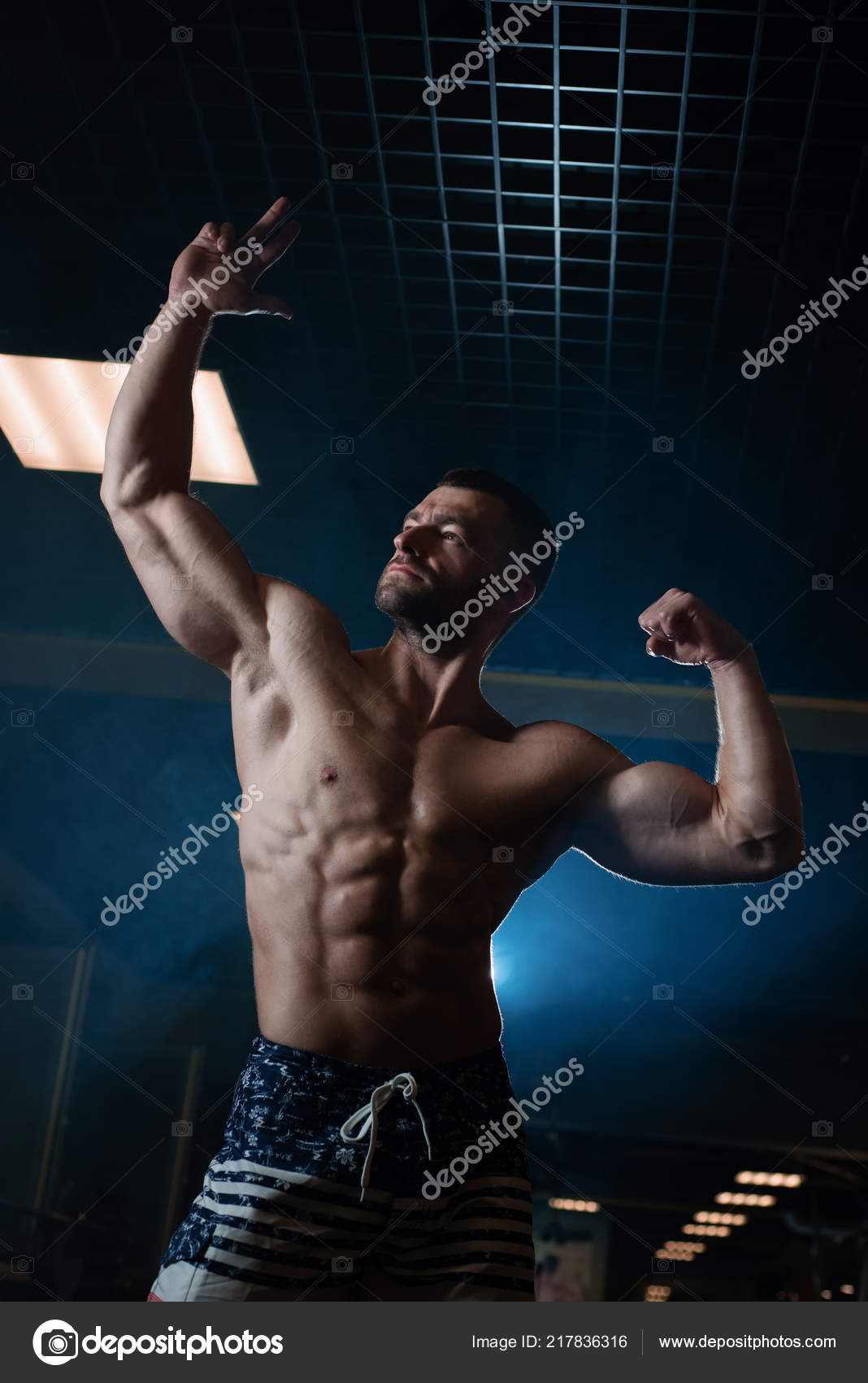 Brutal Athletic Man Muscular Body Poses Gym Showing His Biceps