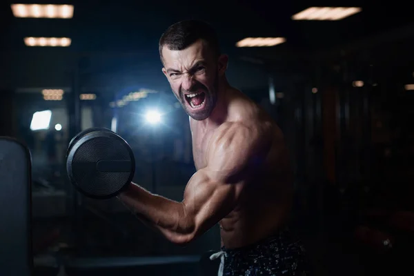 Bonito Jovem Musculoso Exercitando Com Halteres Guy Treina Seu Bíceps — Fotografia de Stock