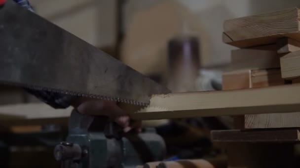 Vuxen man sågar en träskiva, kläms fast i ett skruvstäd, i verkstaden — Stockvideo